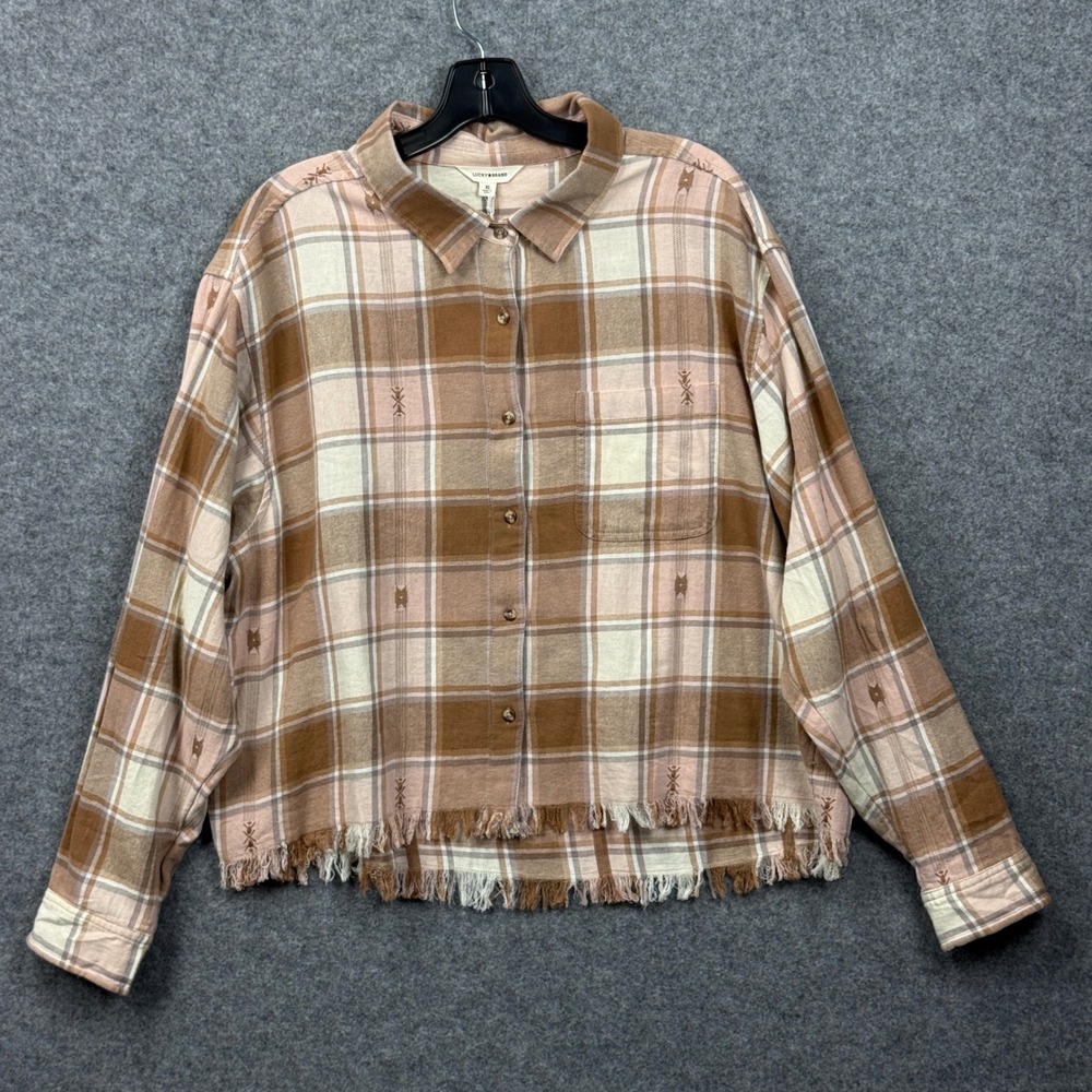 Lucky Brand Womens XL Plaid Fringe Hem Button Down Shirt Brown Tan 157072
